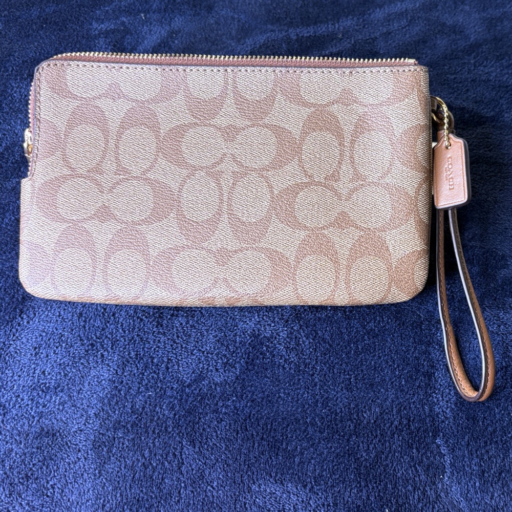 Coach Pink and Tan Double Zipper Signature Wristlet